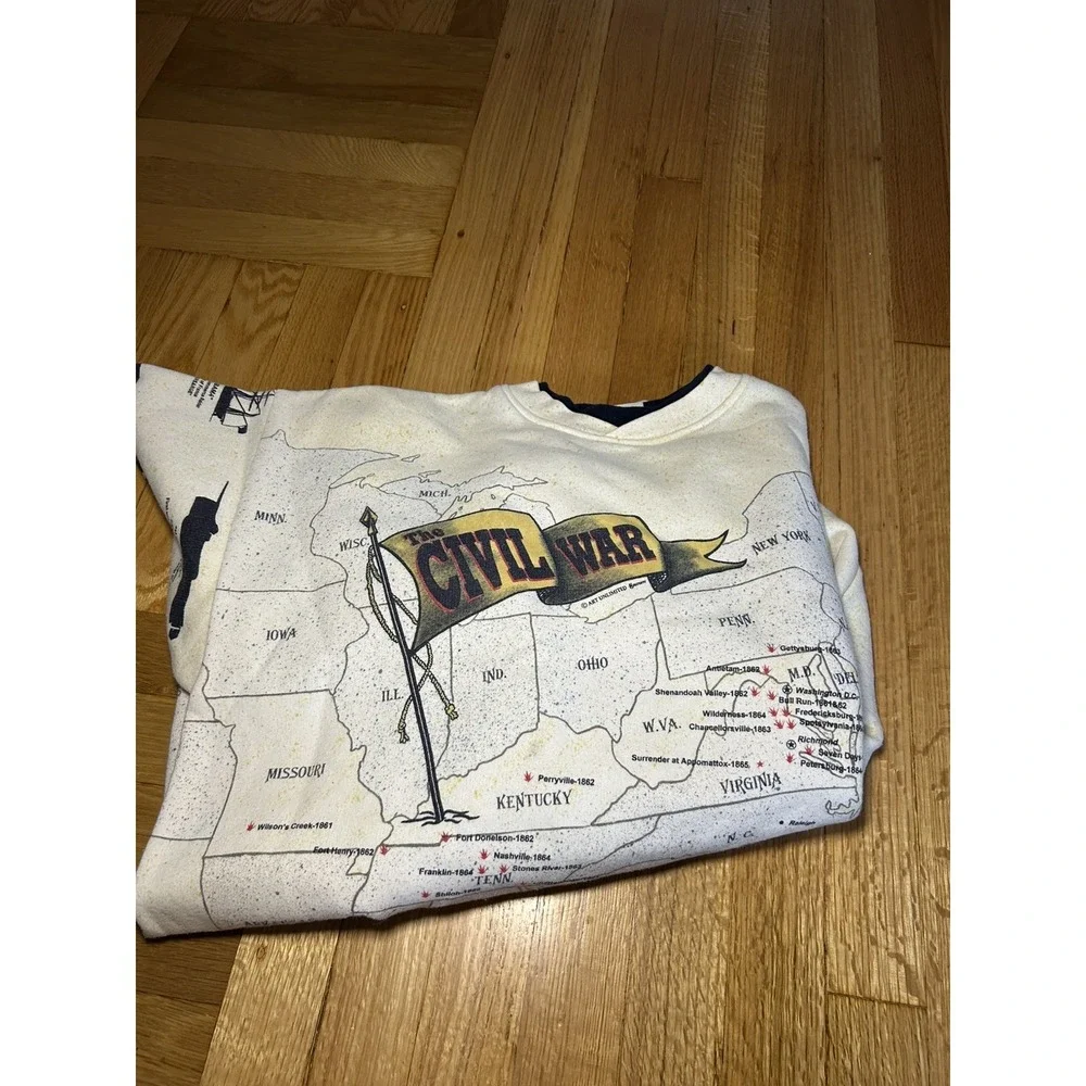 Vtg 90's Civil War Allover Print Cream Sweatshirt USA Double Collar Map Size L